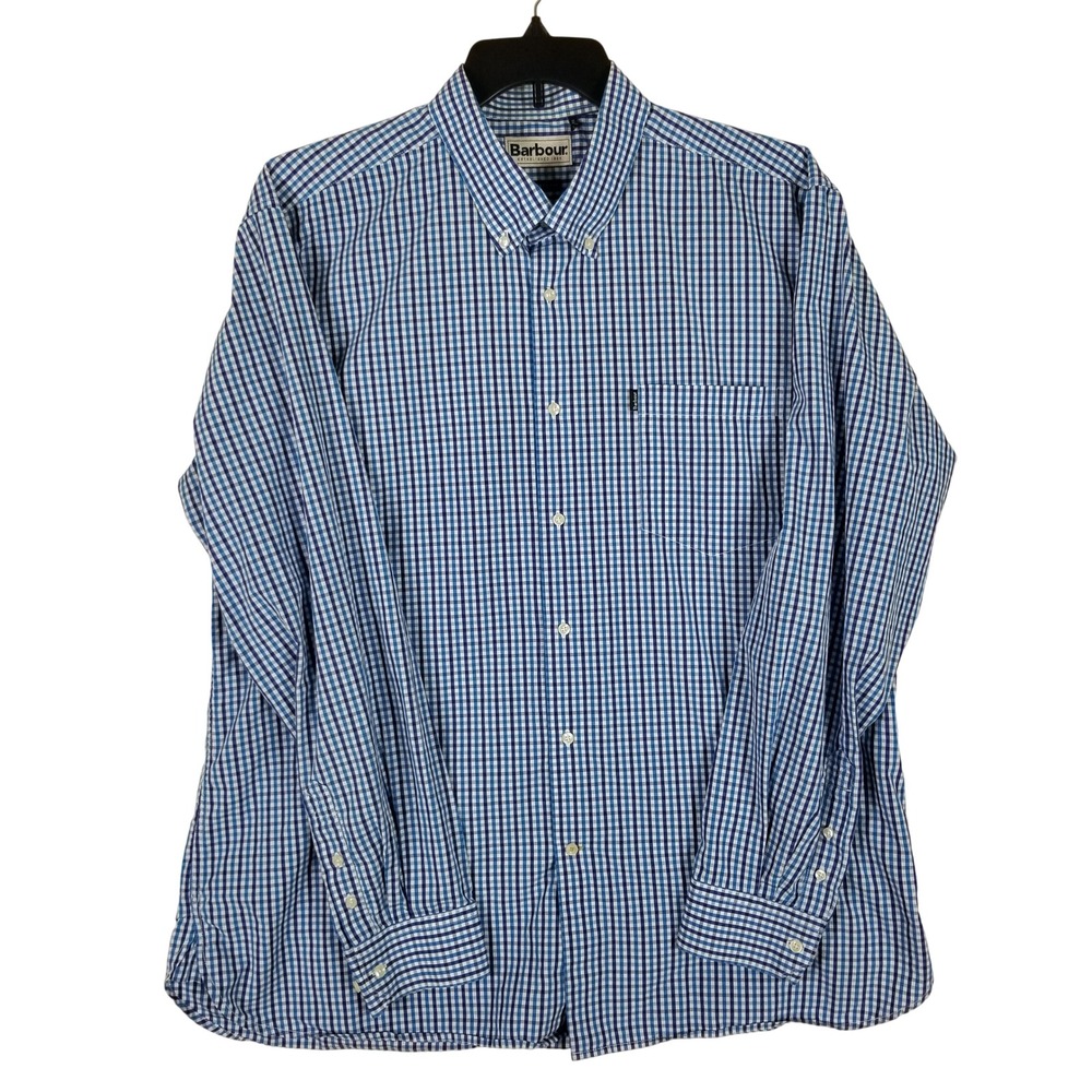 Barbour Alston Shirt Mens L Blue Gingham Check Tailored Fit Button Down Cotton